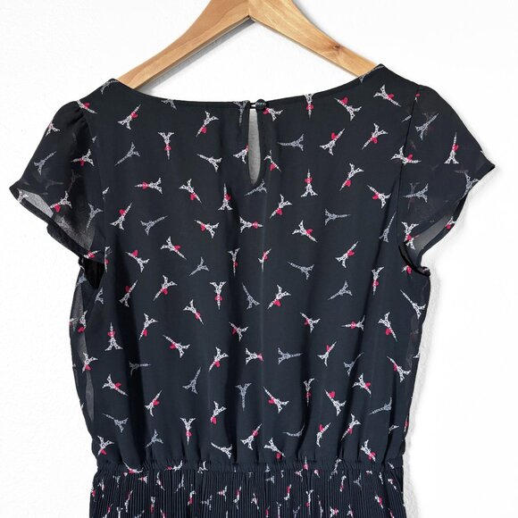 Elle Eiffel Tower Heart Print Black Pleated Mini Dress Womens Small Paris Retro - Picture 6 of 15